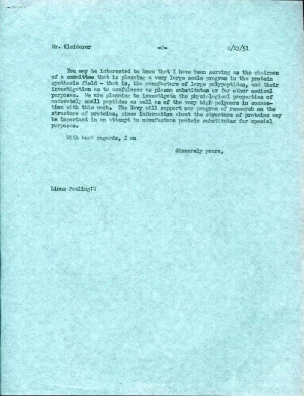 Letter from Linus Pauling to E.C. Kleiderer, Eli Lilly and Co. Page 2. February 23, 1951