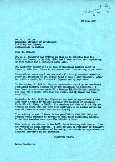 Letter from Linus Pauling to H. C. Miller. Page 1. July 27, 1964