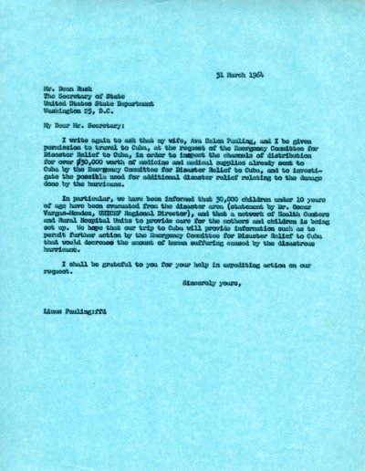 Letter from Linus Pauling to Dean Rusk. Page 1. March 31, 1964