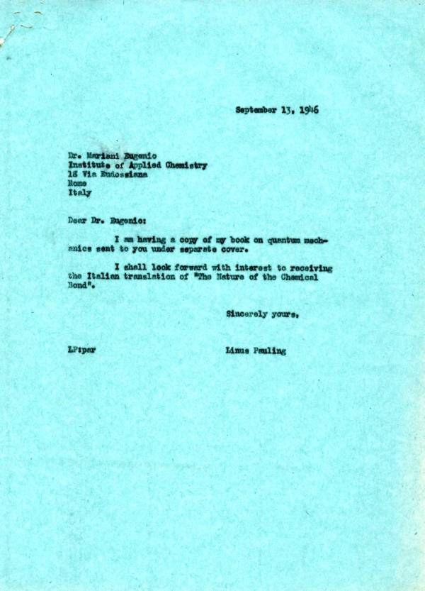 Letter from Linus Pauling to Mariani Eugenio. Page 1. September 13, 1946