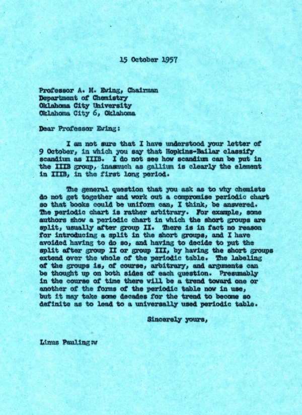 Letter from Linus Pauling to A.M. Ewing Page 1. October 15, 1957