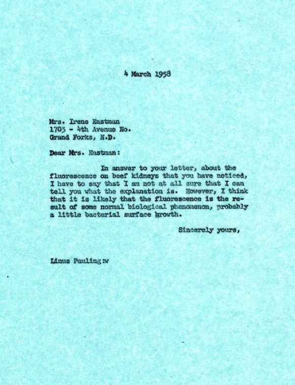 Letter from Linus Pauling to Irene Eastman Page 1. March 4, 1958