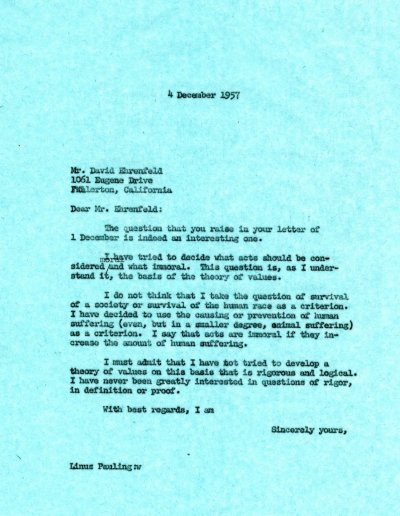 Letter from Linus Pauling to David Ehrenfeld Page 1. December 4, 1957