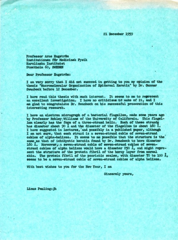 Letter from Linus Pauling to Arne Engström Page 1. December 21, 1959