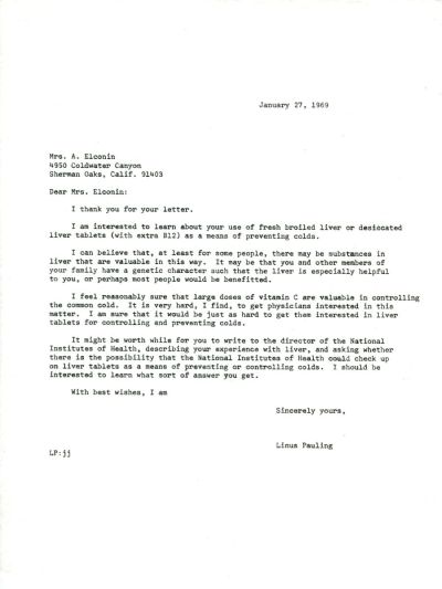 Letter from Linus Pauling to A. Elconin. Page 1. January 27, 1969