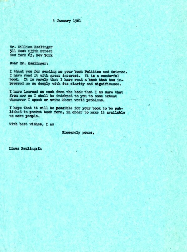 Letter from Linus Pauling to William Esslinger. Page 1. January 4, 1961