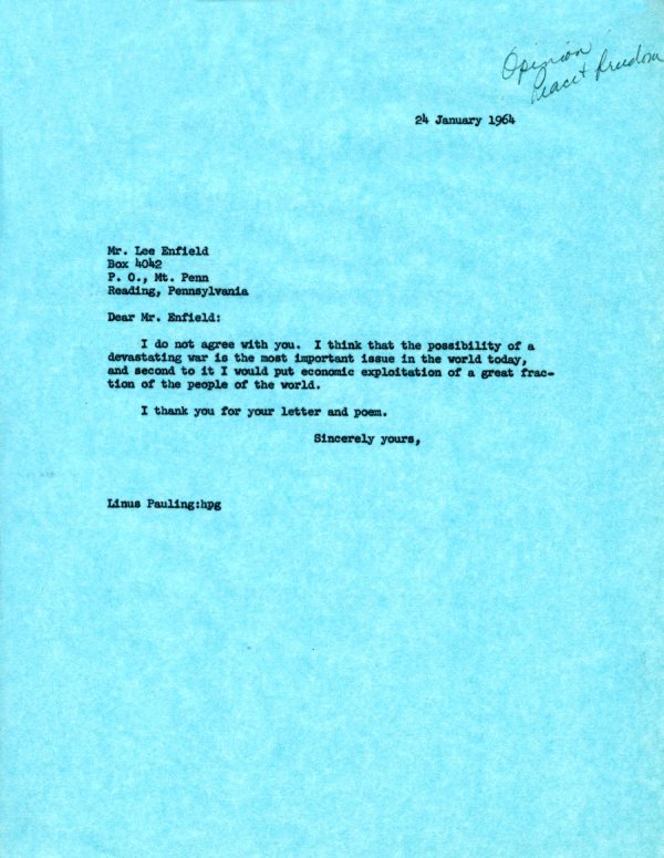 Letter from Linus Pauling to Lee Enfield. Page 1. January 24, 1964