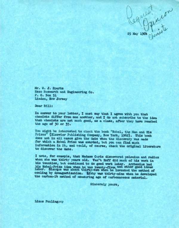 Letter from Linus Pauling to W. J. Sparks. Page 1. May 25, 1964