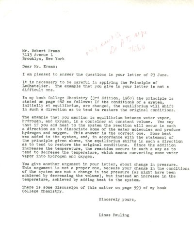 Letter from Linus Pauling to Robert Eramo. Page 1. July 5, 1966