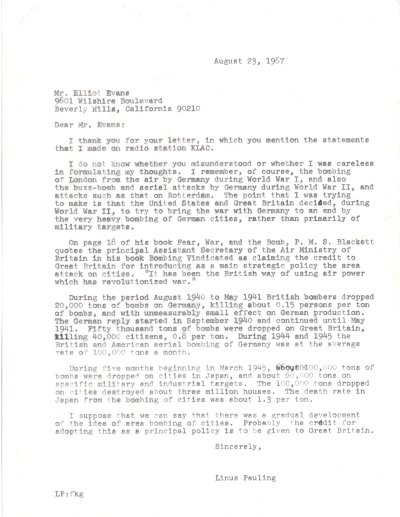 Letter from Linus Pauling to Elliot Evans. Page 1. August 23, 1967