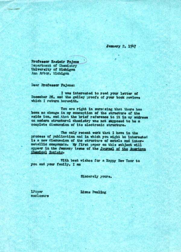 Letter from Linus Pauling to Kasimir Fajans. Page 1. January 2, 1947