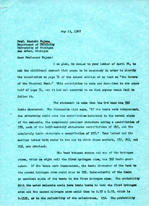 Letter from Linus Pauling to Kasimir Fajans. Page 1. May 13, 1947