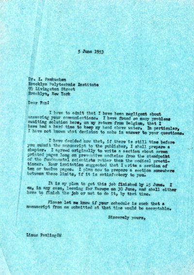 Letter from Linus Pauling to Isidor Fankuchen. Page 1. June 5, 1953