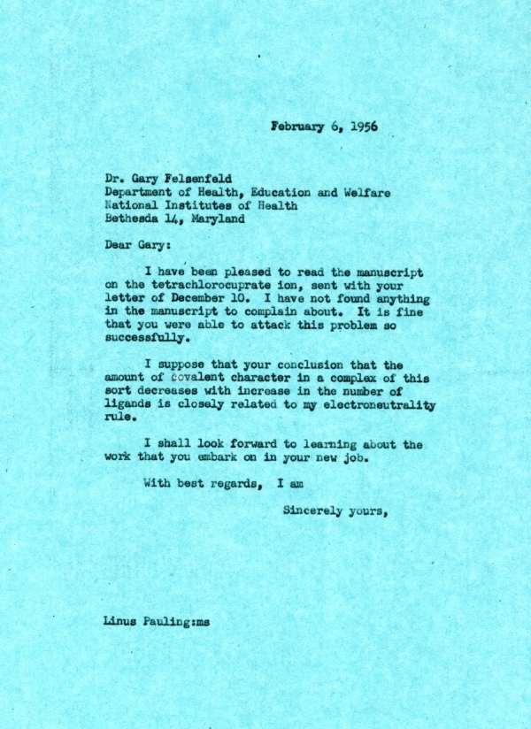 Letter from Linus Pauling to Gary Felsenfeld Page 1. February 6, 1956