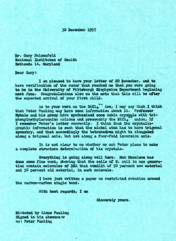 Letter from Linus Pauling to Gary Felsenfeld Page 1. December 30, 1957