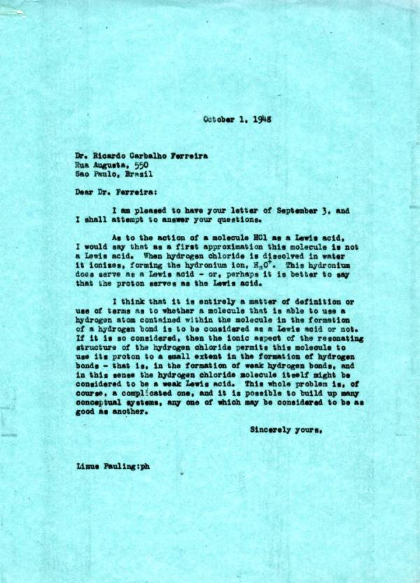 Letter from Linus Pauling to Ricardo Ferreira. Page 1. October 1, 1948