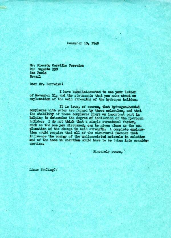Letter from Linus Pauling to Ricardo Ferreira. Page 1. December 10, 1948