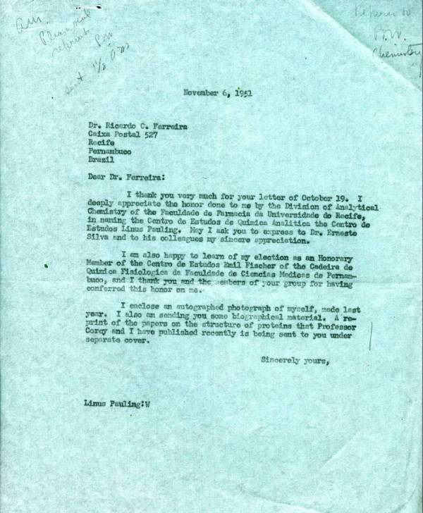Letter from Linus Pauling to Ricardo Ferreira. Page 1. November 6, 1951