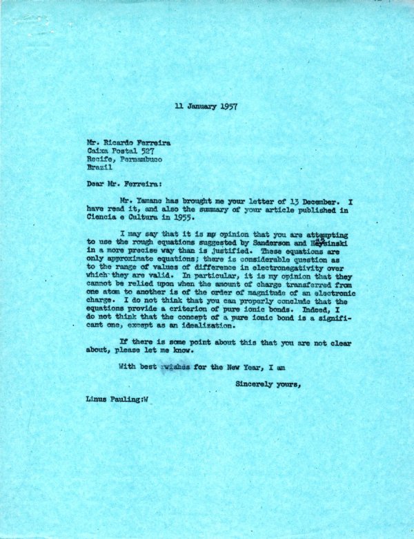 Letter from Linus Pauling to Ricardo Ferreira. Page 1. January 11, 1957