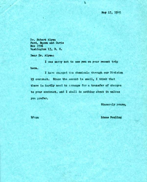 Letter from Linus Pauling to Hubert Alyea. Page 1. May 17, 1945