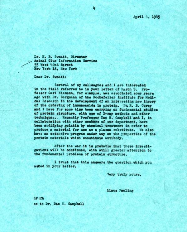 Letter from Linus Pauling to H.B. Sweatt. Page 1. April 4, 1945