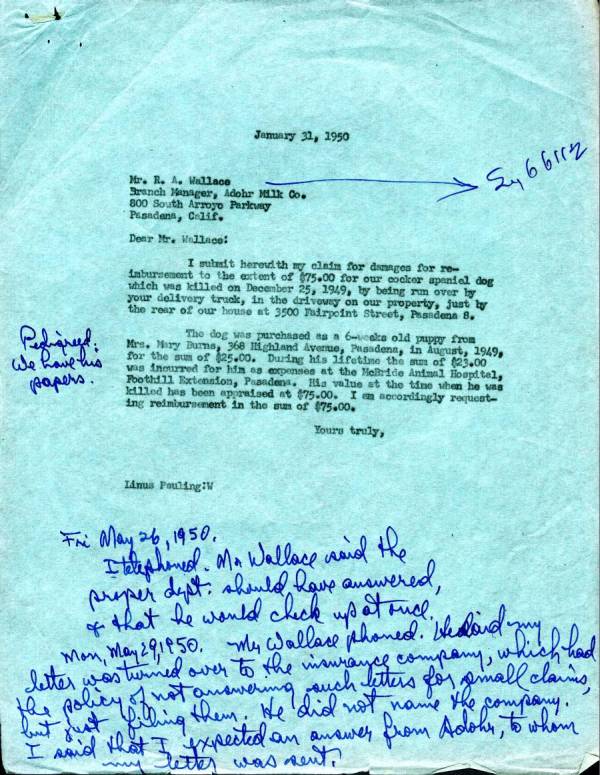 Letter from Linus Pauling to R.A. Wallace, Adhor Milk Co. Page 1. January 31, 1950