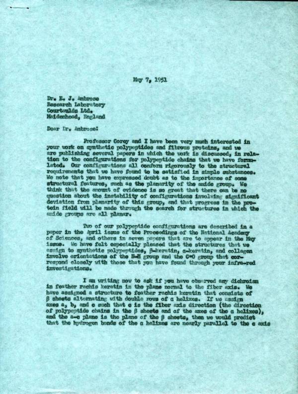 Letter from Linus Pauling to E.J. Ambrose. Page 1. May 7, 1951