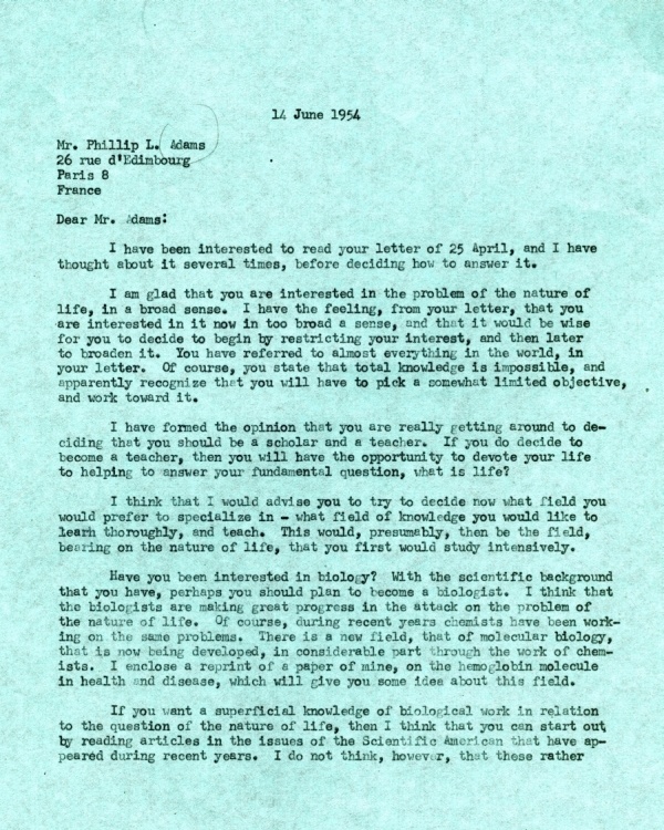 Letter from Linus Pauling to Phillip L. Adams. Page 1. June 14, 1954