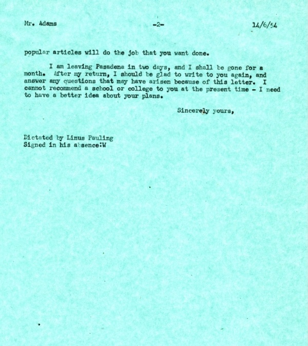 Letter from Linus Pauling to Phillip L. Adams. Page 2. June 14, 1954
