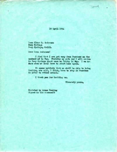 Letter from Linus Pauling to Elmer E. Anderson. Page 1. April 19, 1954