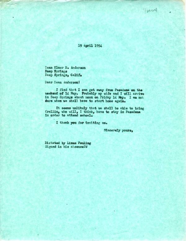 Letter from Linus Pauling to Elmer E. Anderson. Page 1. April 19, 1954