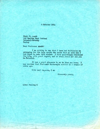Letter from Linus Pauling to Fritz Arndt Page 1. October 6, 1954