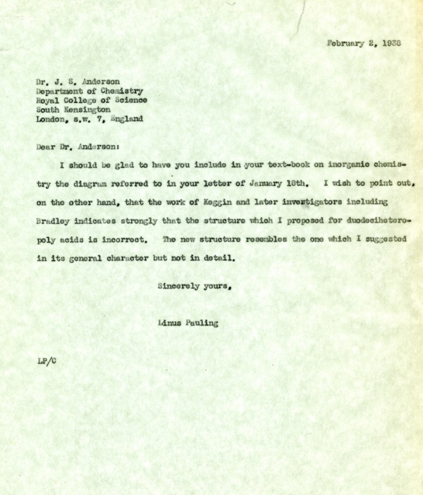 Letter from Linus Pauling to J.S. Anderson Page 1. February 2, 1938