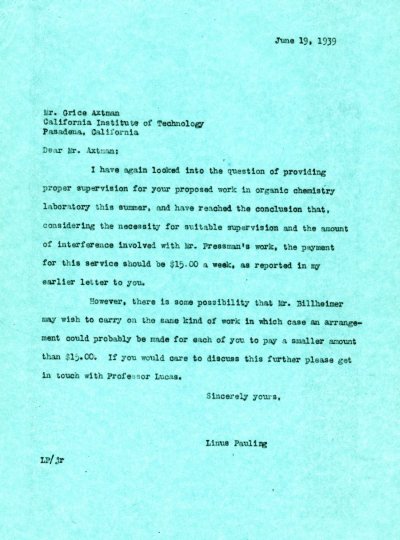 Letter from Linus Pauling to Grice Axtman Page 1. June 19, 1939
