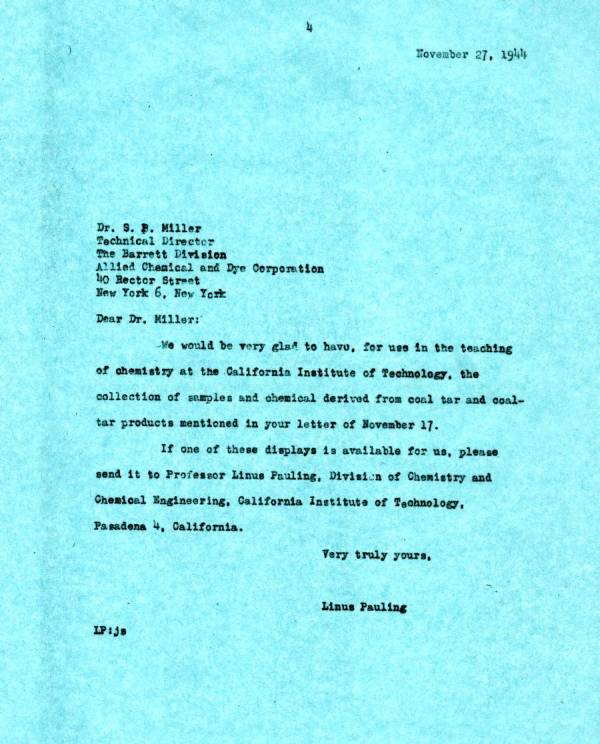 Letter from Linus Pauling to S.P. Miller. Page 1. November 27, 1944