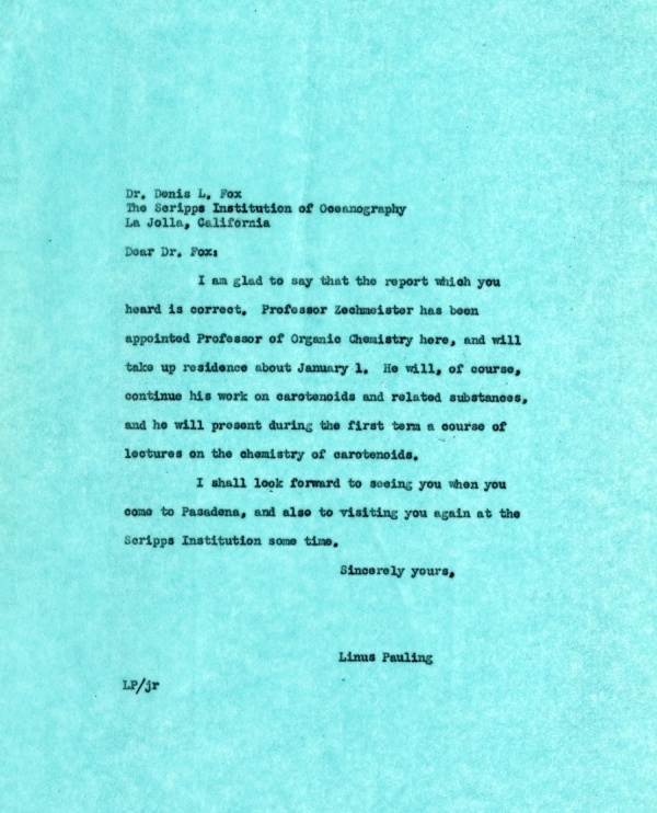 Letter from Linus Pauling to Denis L. Fox. Page 1. November 14, 1939
