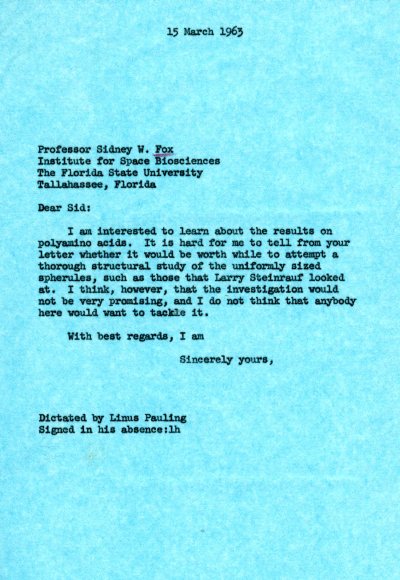 Letter from Linus Pauling to Sidney Fox. Page 1. March 15, 1963