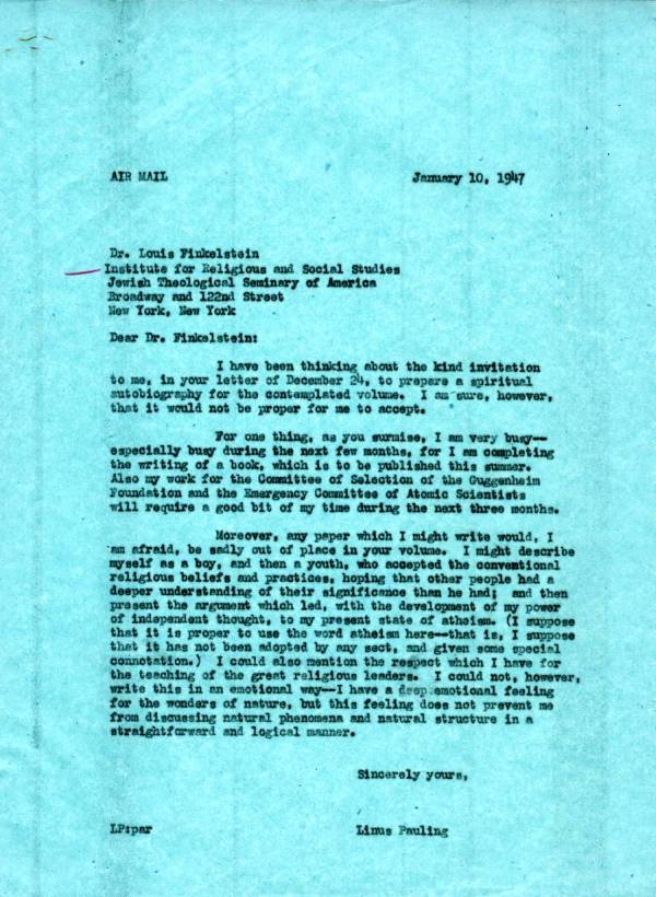 Letter from Linus Pauling to Louis Finkelstein. Page 1. January 10, 1947