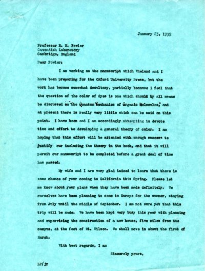 Letter from Linus Pauling to R.H. Fowler. Page 1. January 23, 1939