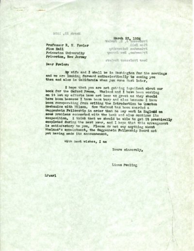Letter from Linus Pauling to R.H. Fowler. Page 1. March 23, 1936