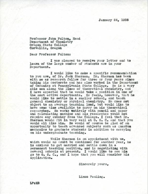 Letter from Linus Pauling to John Fulton. Page 1. January 24, 1938