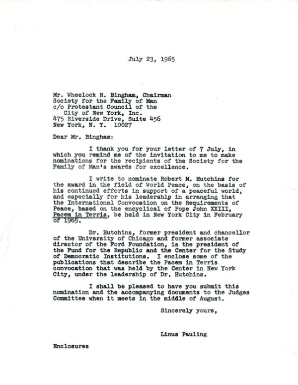 Letter from Linus Pauling to Wheelock H. Bingham. Page 1. July 23, 1965