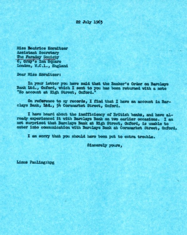 Letter from Linus Pauling to Beatrice Kornitzer. Page 1. July 22, 1963