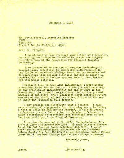 Letter from Linus Pauling to David Farrell. Page 1. December 9, 1966