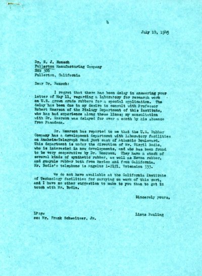 Letter from Linus Pauling to E.J. Rausch. Page 1. July 10, 1945