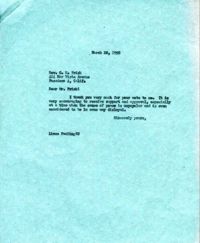 Letter from Linus Pauling to C.E. Frisk. Page 1. March 28, 1950