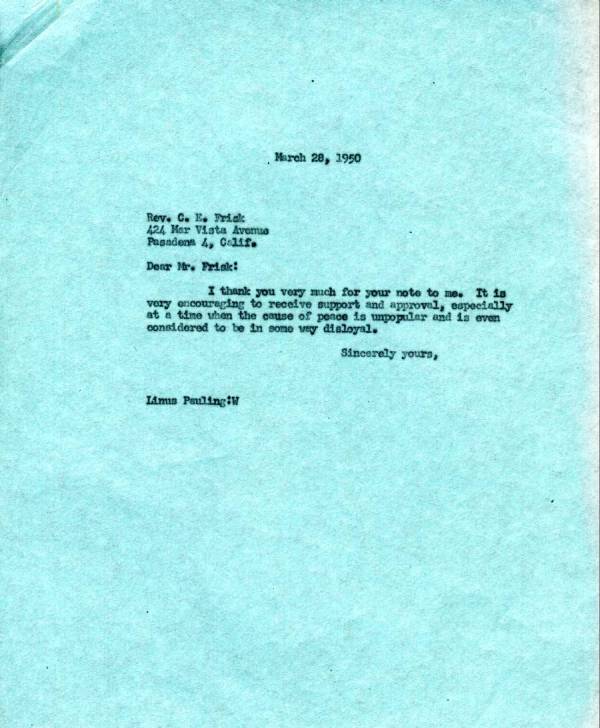 Letter from Linus Pauling to C.E. Frisk. Page 1. March 28, 1950