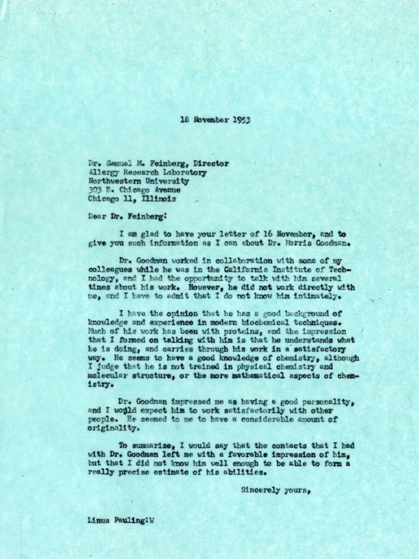Letter from Linus Pauling to Samuel M. Feinberg. Page 1. November 18, 1953