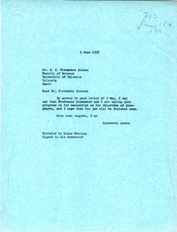 Letter from Linus Pauling to J.I. Fernandez Alonso. Page 1. June 5, 1956