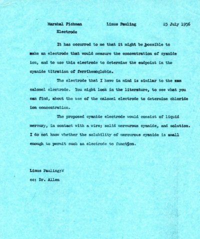 Letter from Linus Pauling to Marshal Fichman. Page 1. July 23, 1956